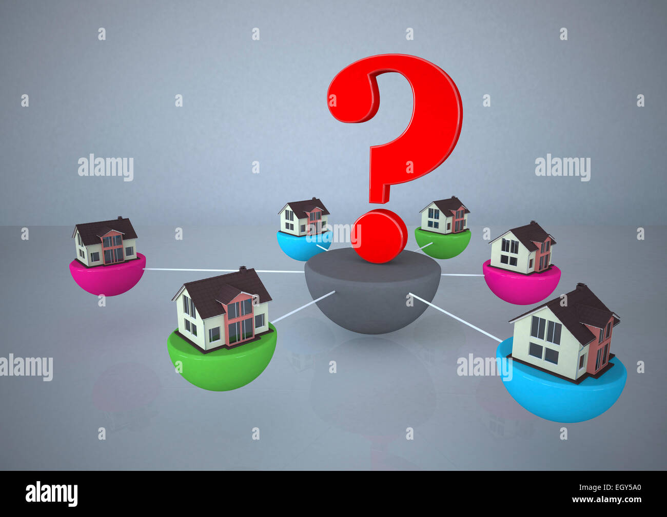 Case collegate con un punto interrogativo in centro Foto Stock