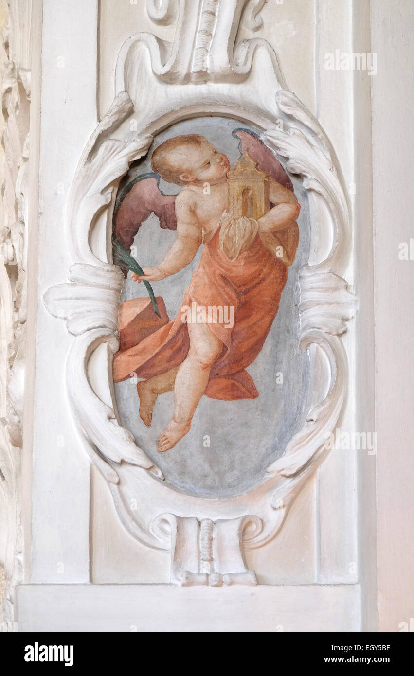 Angelo, affresco in Graz cattedrale dedicata a Saint Giles in Graz, Stiria, Austria il 10 gennaio 2015. Foto Stock
