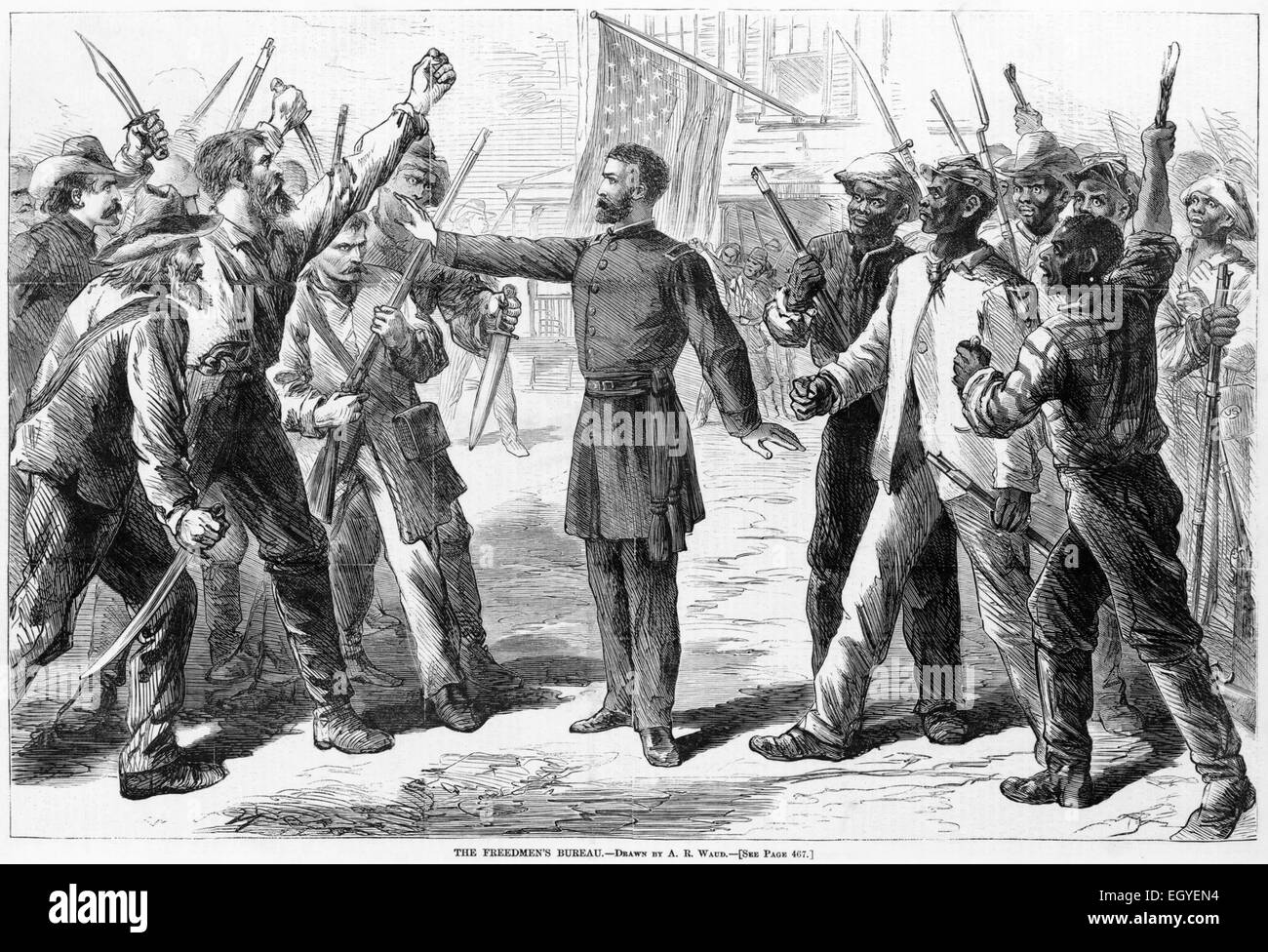 OLIVER HOWARD (1830-1909) US Army ufficiale che è stata data carica della Freedman Ufficio di presidenza nel 1865 mostrato in questo 1868 incisione da Harper's Weekly proteggendo gli schiavi liberati dai bianchi armati Foto Stock