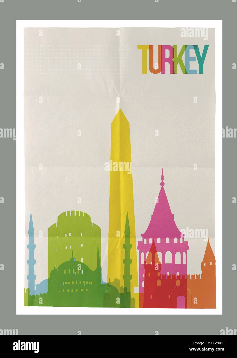 Il viaggio in Turchia di famosi punti di riferimento dello skyline di vintage sul foglio di carta per poster background design. Vector organizzati in strati Illustrazione Vettoriale
