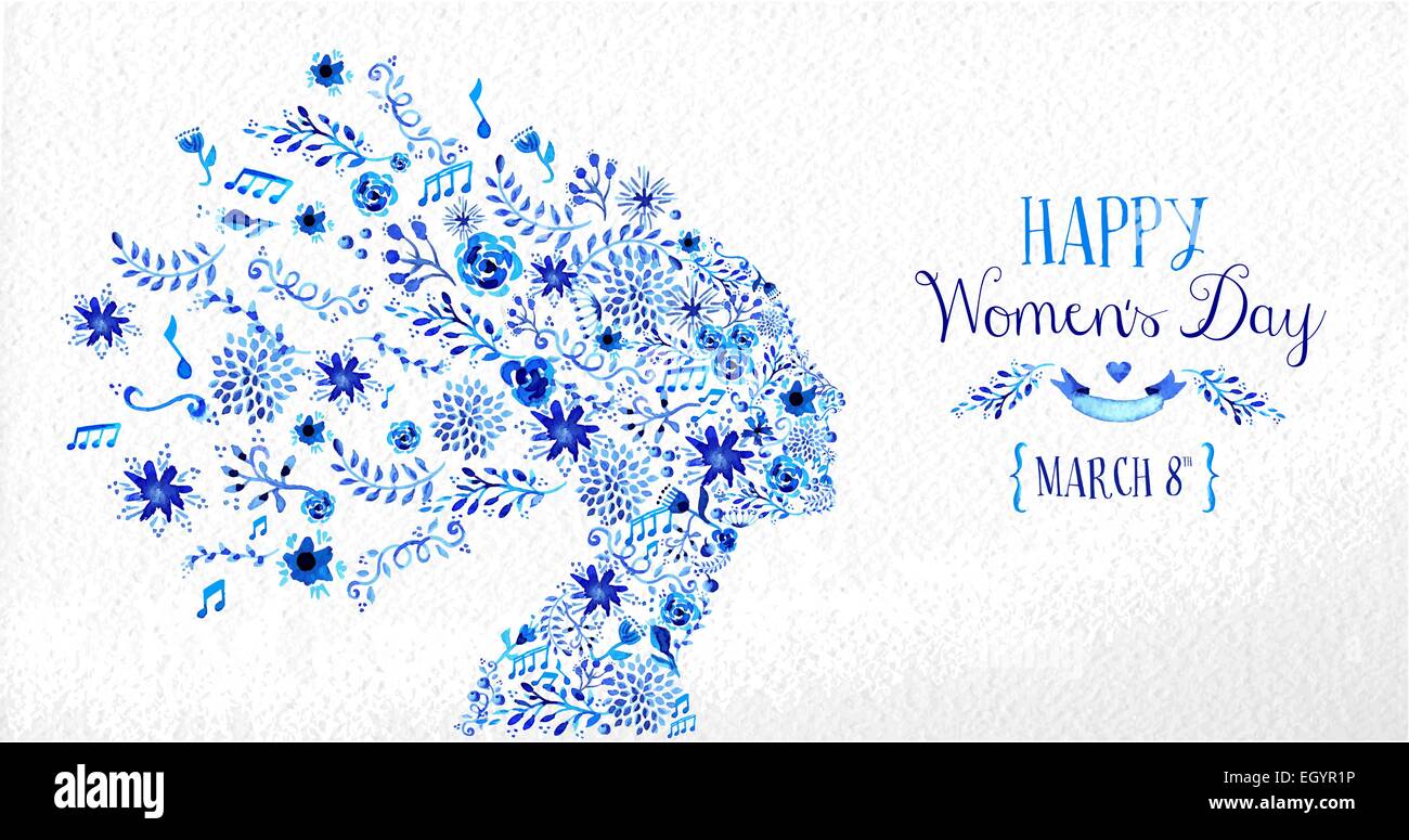 Felici donne giorno vintage greeting card illustrazione. Testa di donna silhouette con fiori di diversità e testo 8 marzo. EPS10 file. Illustrazione Vettoriale