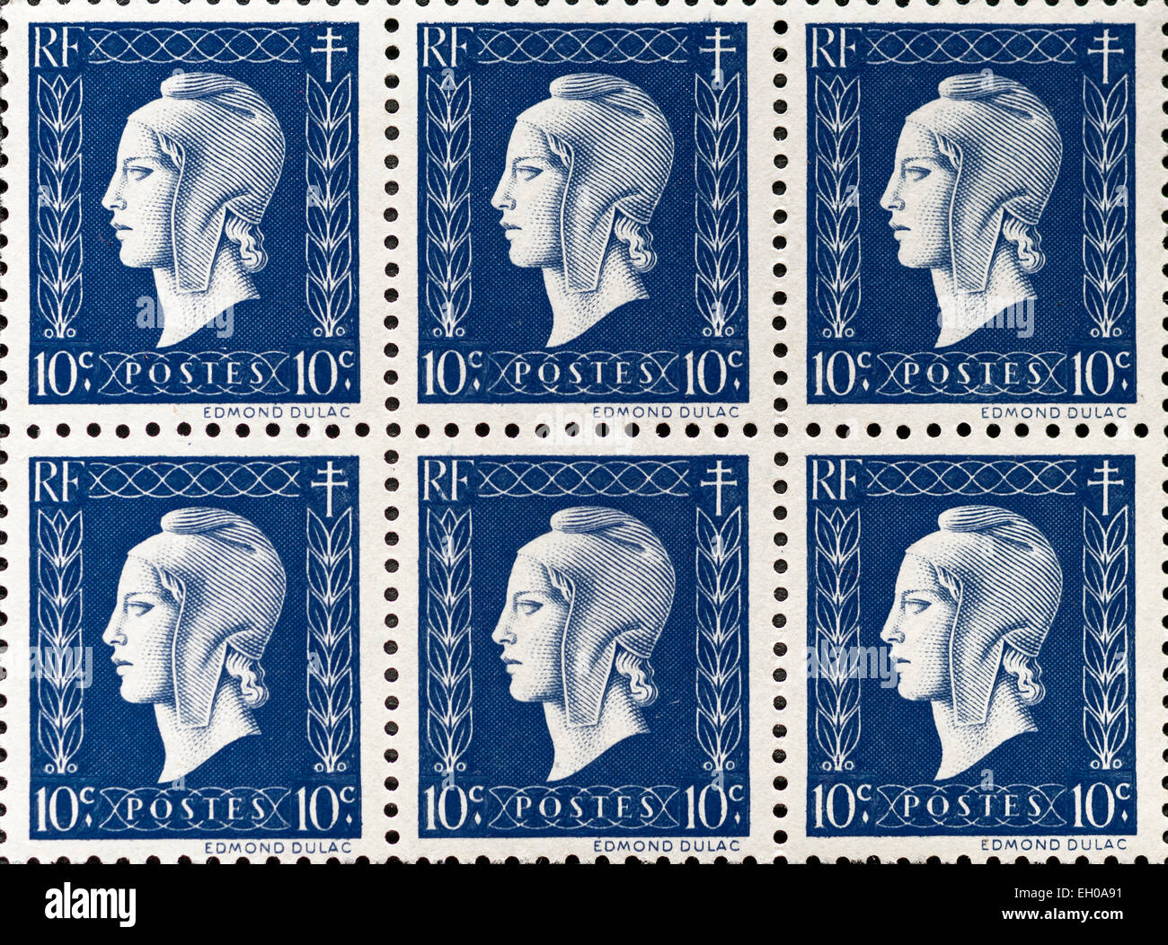 Blocco di sei inutilizzata 10c "Marianne de Dulac" definitiva francese francobollo, 1944/45. Foto Stock