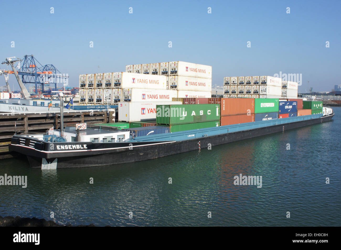L'Ensemble ENI 02322909 è una nave che opera presso il terminal di Hartelhaven nel porto di Rotterdam, uno dei porti più trafficati d'Europa. Questa immagine cattura l'imbarcazione che naviga nel porto. Foto Stock