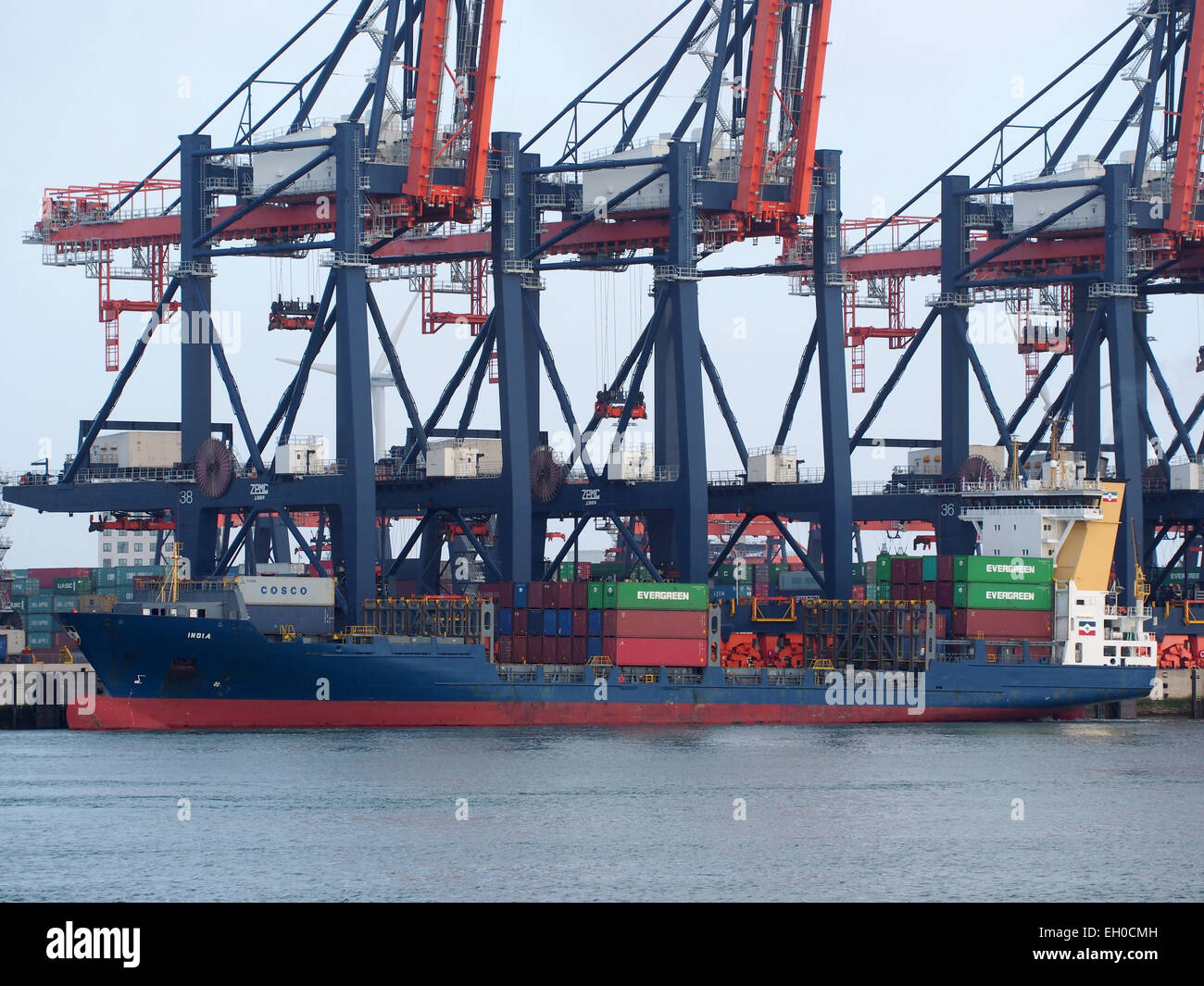 L'India, identificata dall'IMO 9287699, è ancorata all'Amazonehaven nel porto di Rotterdam. Questa nave è coinvolta nel commercio globale, trasportando merci attraverso rotte marittime. Foto Stock
