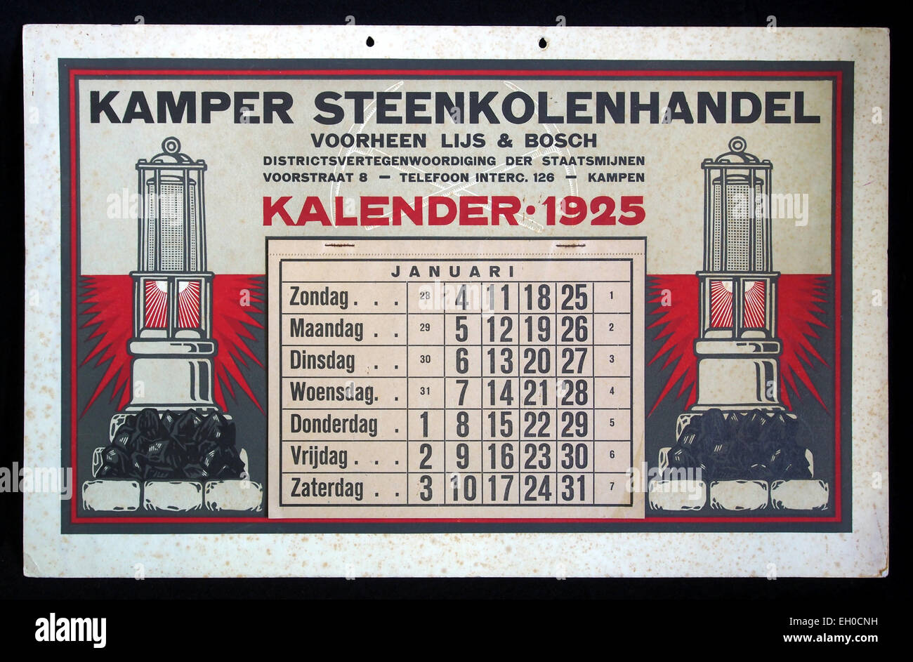 Un calendario del 1925 di Kamper Steenkolenhandel, ex Lijs & Bosch, che mette in evidenza la storia del commercio di carbone nei Paesi Bassi. Foto Stock