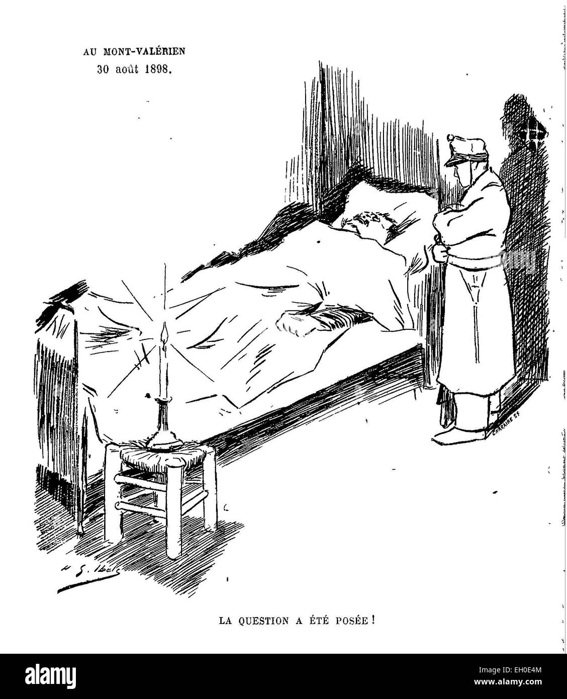 Questa è una riproduzione di un'incisione del 1898 di Ibels raffigurante il suicidio del comandante Enrico nella sua cella a Mont-Valérien. Enrico fu coinvolto nella falsificazione di prove nell'affare Dreyfus, un grande scandalo politico in Francia. Foto Stock
