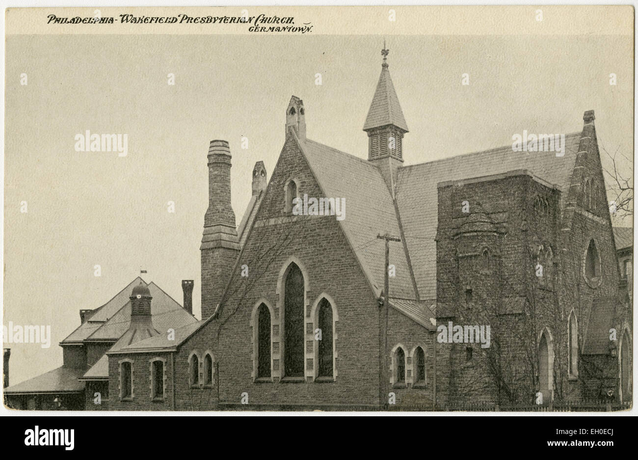Questa cartolina della Presbyterian Historical Society mostra la Chiesa presbiteriana di Germantown Wakefield a Philadelphia, un sito chiave nella storia religiosa americana. La card offre un'occhiata all'architettura storica e all'eredità della chiesa. Foto Stock Questa cartolina della Presbyterian Historical Society mostra la Chiesa presbiteriana di Germantown Wakefield a Philadelphia, un sito chiave nella storia religiosa americana. La card offre un'occhiata all'architettura storica e all'eredità della chiesa. Foto Stock