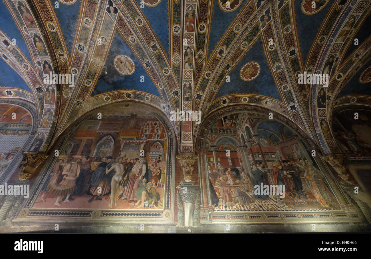 Affreschi nel Pellegrinaio, (1440-44) di Domenico di Bartolo Santa Maria della Scala, Siena, Italia Foto Stock