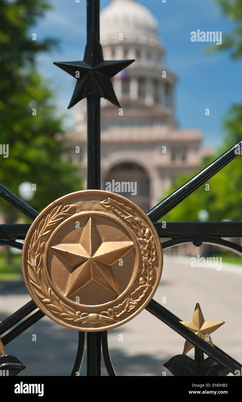 GOLDEN STAR medaglione ringhiera in ferro cancello State Capitol Building di Austin in Texas USA Foto Stock