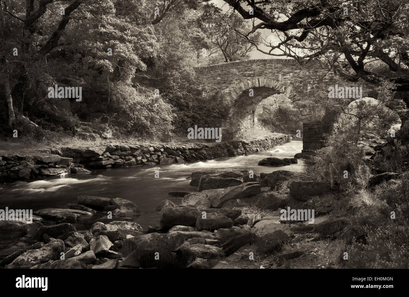 Vecchio ponte weir. Killarney Lakes, Gap of Dunloe. Killarney National Park, Irlanda Foto Stock