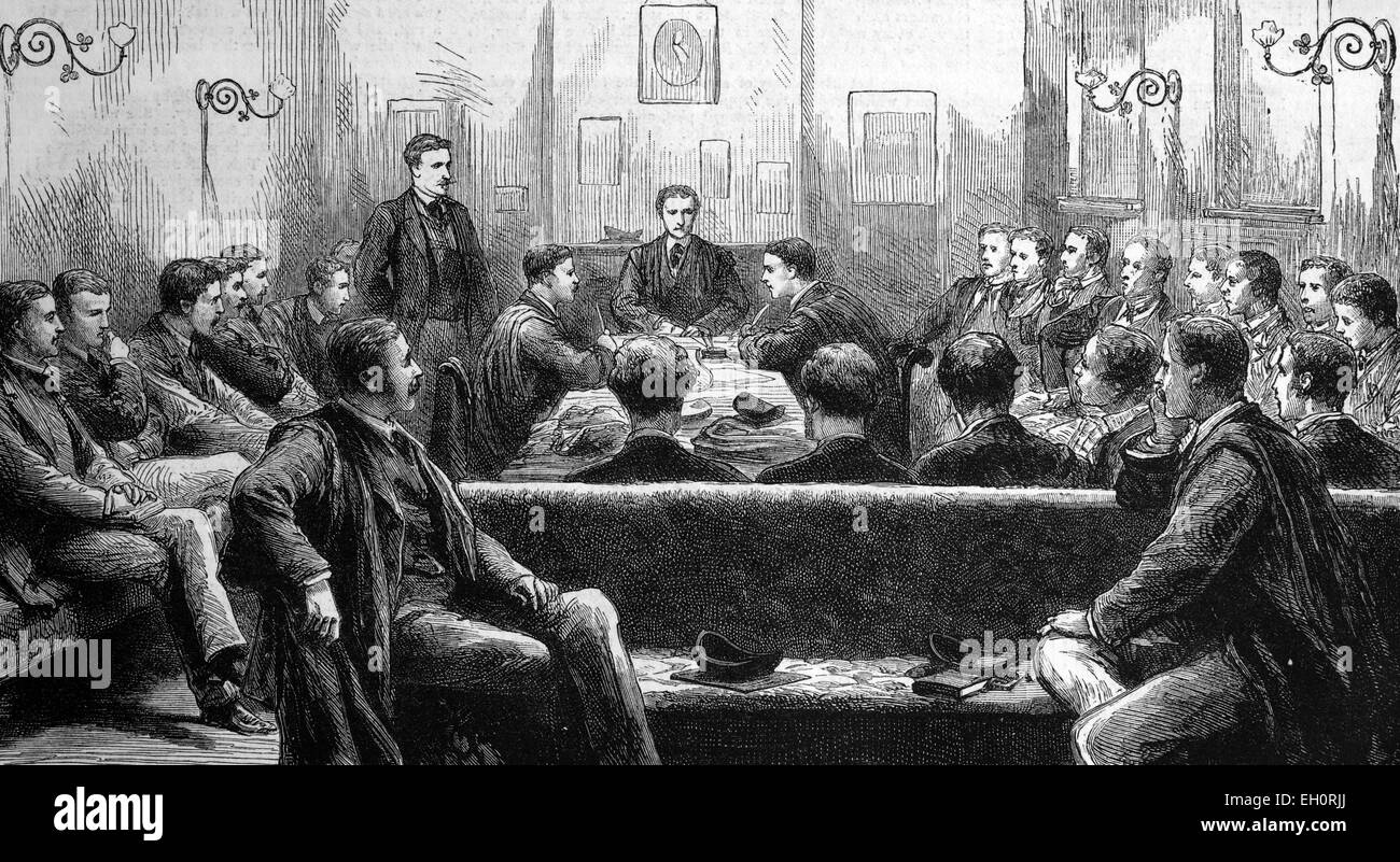 "Il ''Magpie e moncone'' discutendo della società, il Trinity College di Cambridge, Inghilterra, storica immagine, 1883' Foto Stock