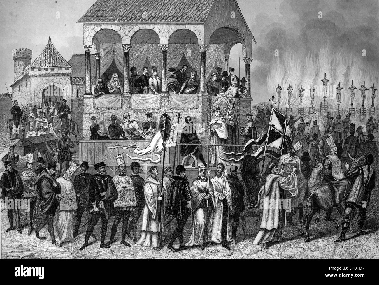 Lo spagnolo auto da fe, esecuzione di una condanna da parte dell'Inquisizione, Spagna, illustrazione storico Foto Stock