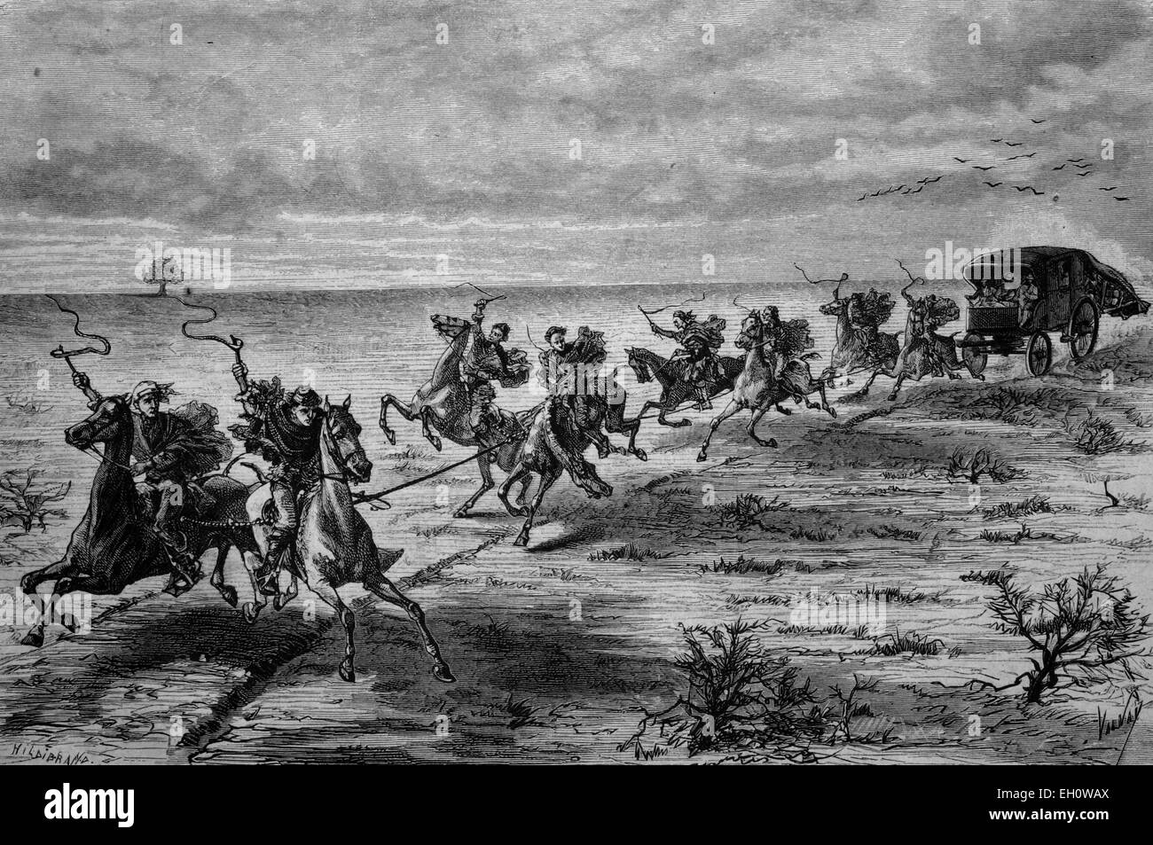 Mail coach Nelle Pampas del Sud America, storico illustrazione, circa 1886 Foto Stock