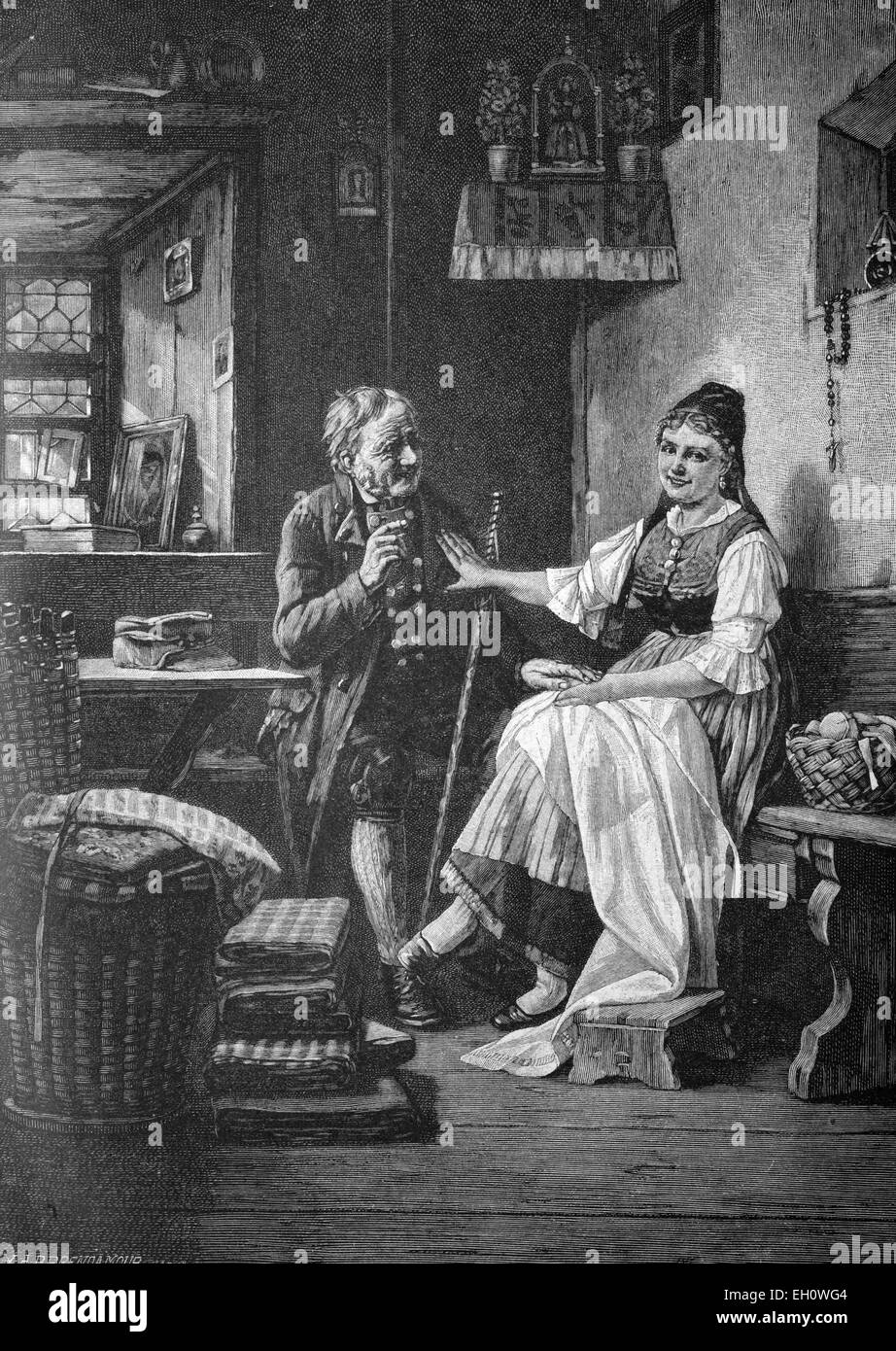 Donna di rigetto di un corteggiatore, illustrazione storico, circa 1886 Foto Stock