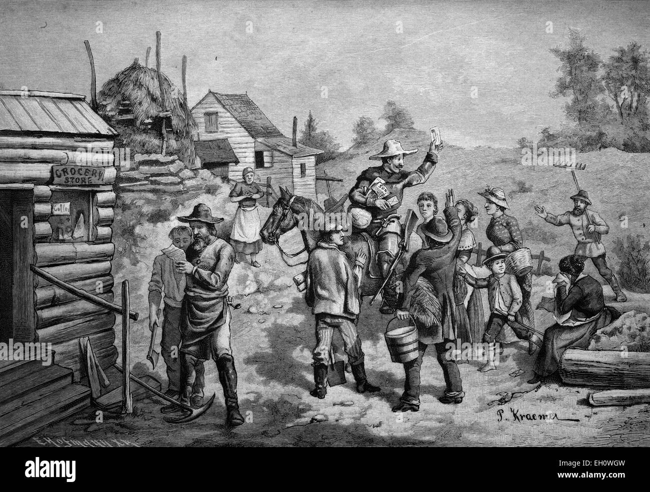 Il primo postino arrivano a un nuovo insediamento nel selvaggio West, America, storico, illustrazione, circa 1886 Foto Stock