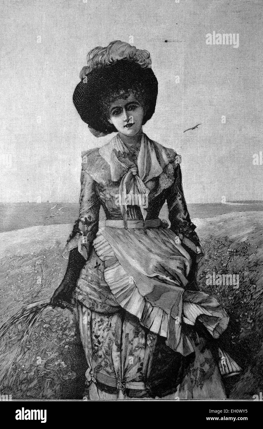 Donna che indossa abiti da escursionismo, storico illustrazione, circa 1886 Foto Stock