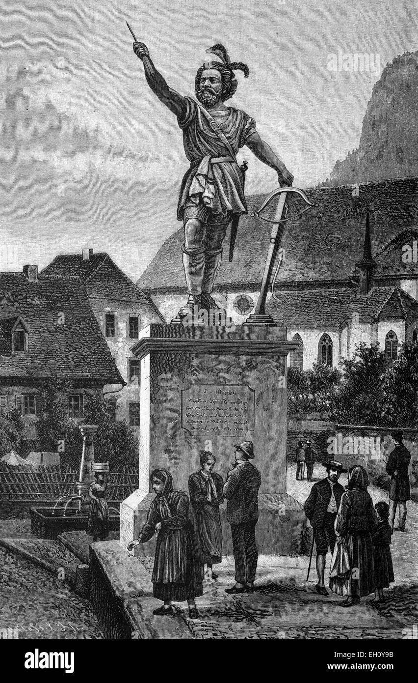 Wilhelm Tell, Dillo ad un monumento a Altdorf, Svizzera, storico illustrazione, circa 1886 Foto Stock