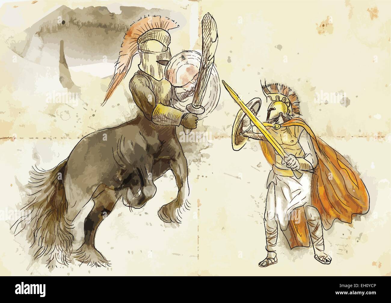 Un disegnati a mano illustrazione in greco antico miti e leggende: Teseo e il centauro (Teseo sconfigge il Centauro). Illustrazione Vettoriale