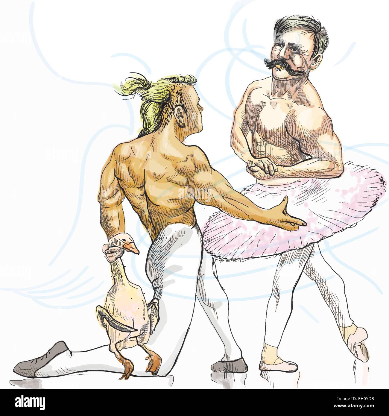 Un disegnati a mano illustrazione vettoriale. Due culturisti in ballo nel balletto. Illustrazione Vettoriale