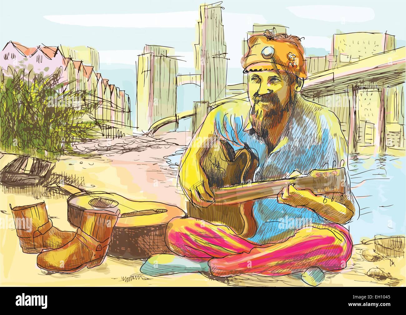 Un disegnati a mano illustrazione vettoriale. Argomento: musicisti. Il barbuto hippie uomo a suonare la chitarra - seduto sulla spiaggia U.S. Golfo. Illustrazione Vettoriale