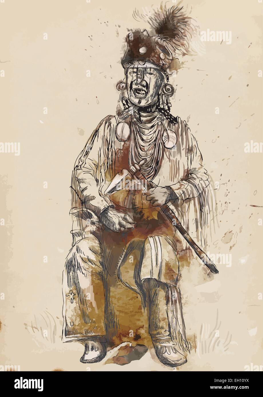 Un disegnati a mano illustrazione vettoriale. Indian vecchio veterano militare cantare canzoni tristi e tenendo in mano tomahawk. Illustrazione Vettoriale