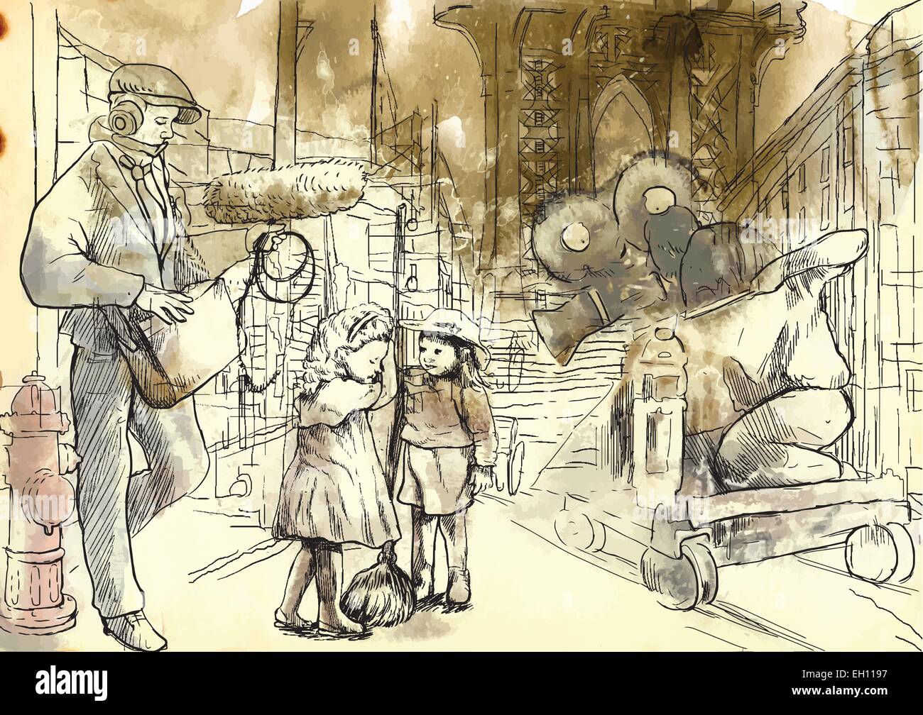(Registi:) dal film la storia: l'intero equipaggio le riprese di un film sulla strada con attori del bambino. Un disegnati a mano illust vettore Illustrazione Vettoriale