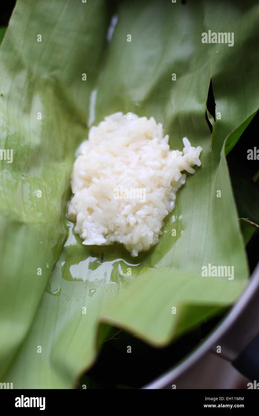 Bianco fermentato riso glutinoso avvolto in foglie di banano Foto Stock