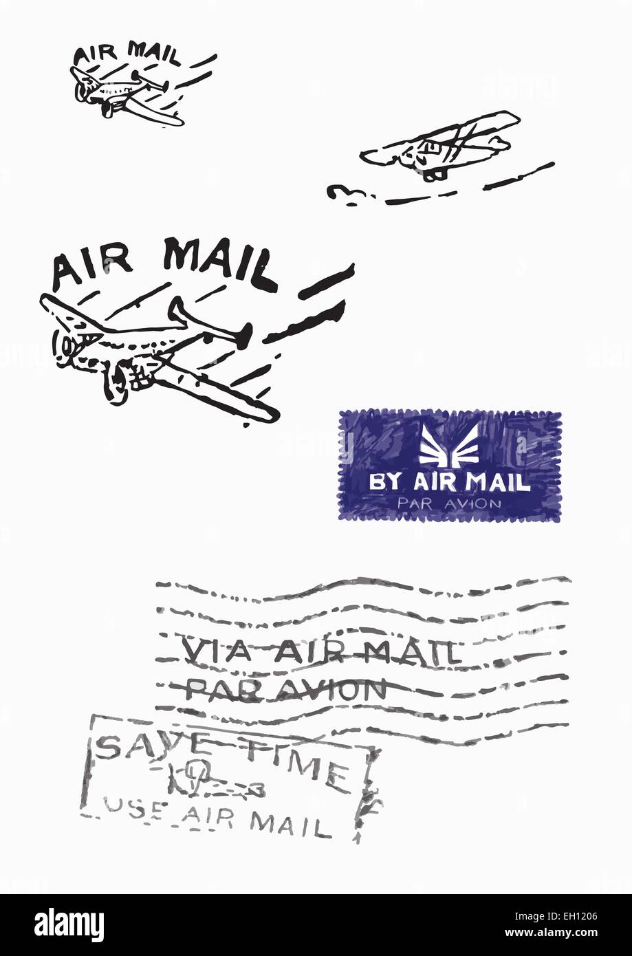 Più timbri della vecchia posta aerea (Orignal - no scansioni - disegnata a mano). Disegnata a mano illustrazioni vettoriali. Illustrazione Vettoriale