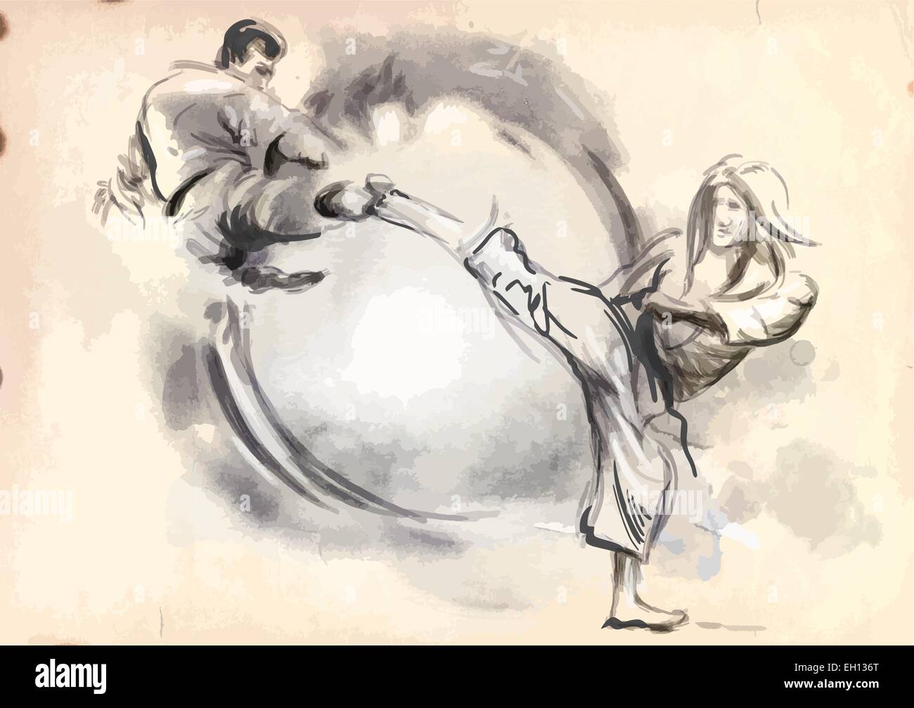 Un disegnati a mano vettore convertito in stile calligrafico dalla serie Arti Marziali: karate. Il Karate è un arte marziale sviluppata nel Illustrazione Vettoriale