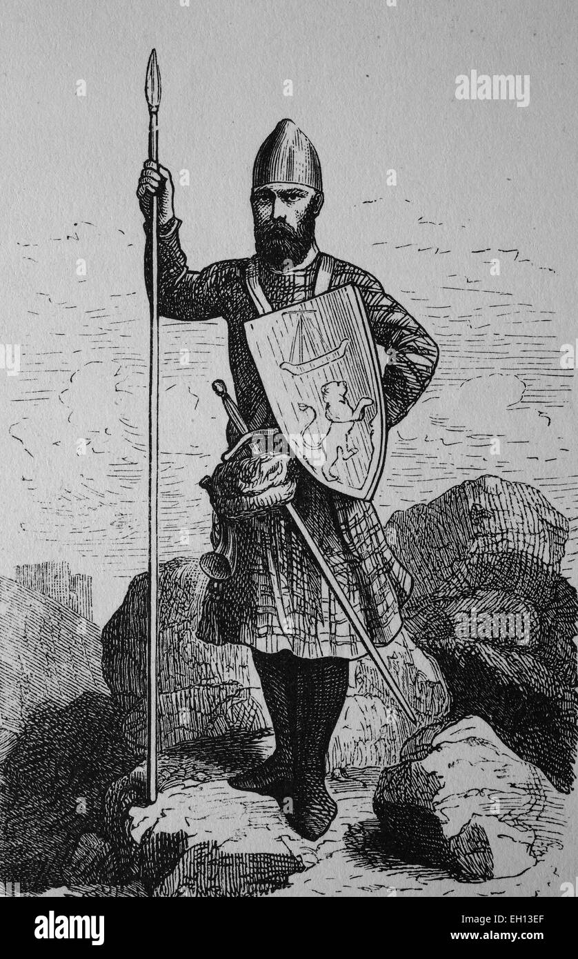 Il guerriero scozzese dal XIII secolo, xilografia dal 1880 Foto Stock