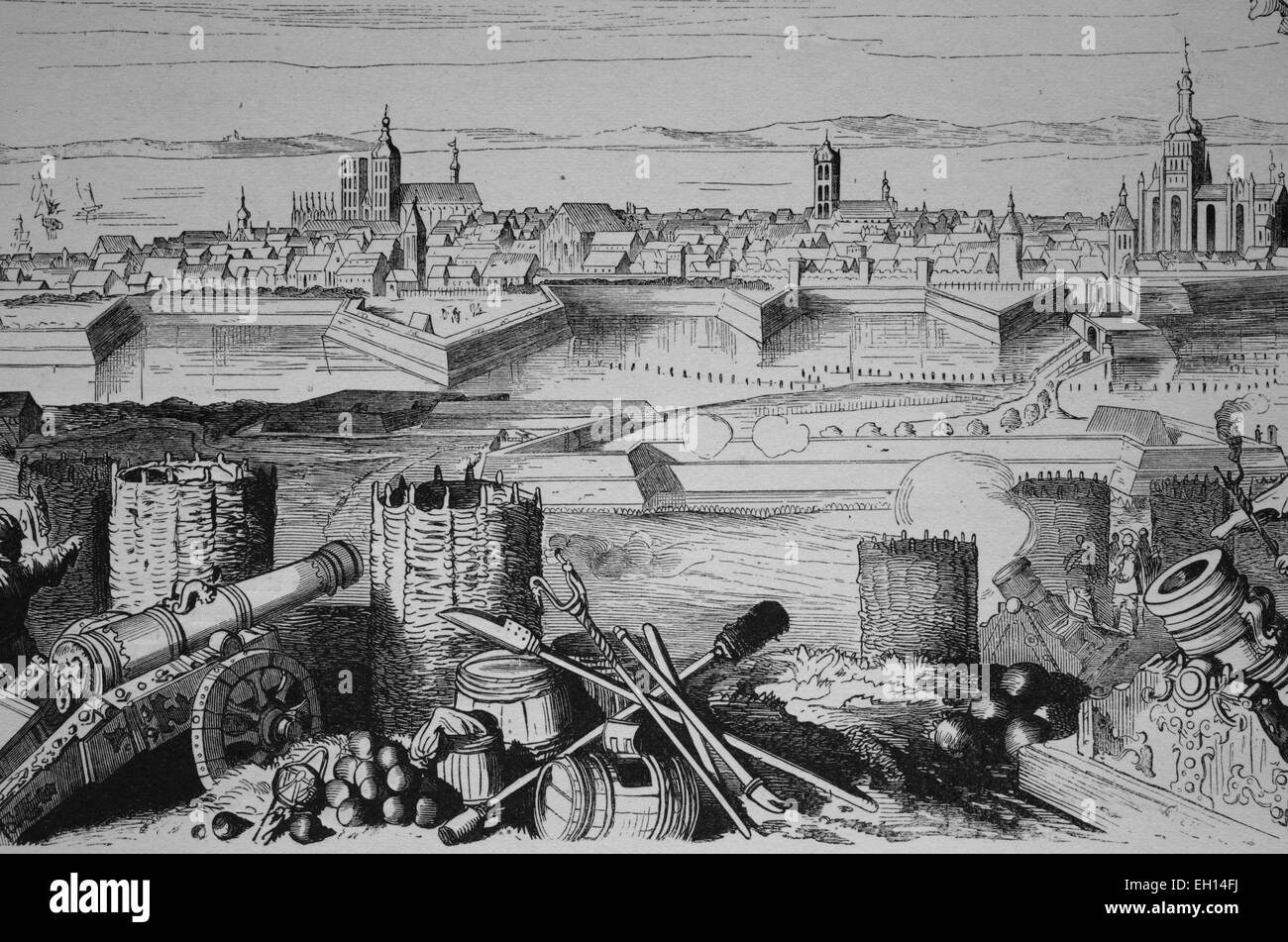 Stralsund nel XVI secolo, Meclemburgo-Pomerania Occidentale, Germania, storico xilografia, circa 1880 Foto Stock