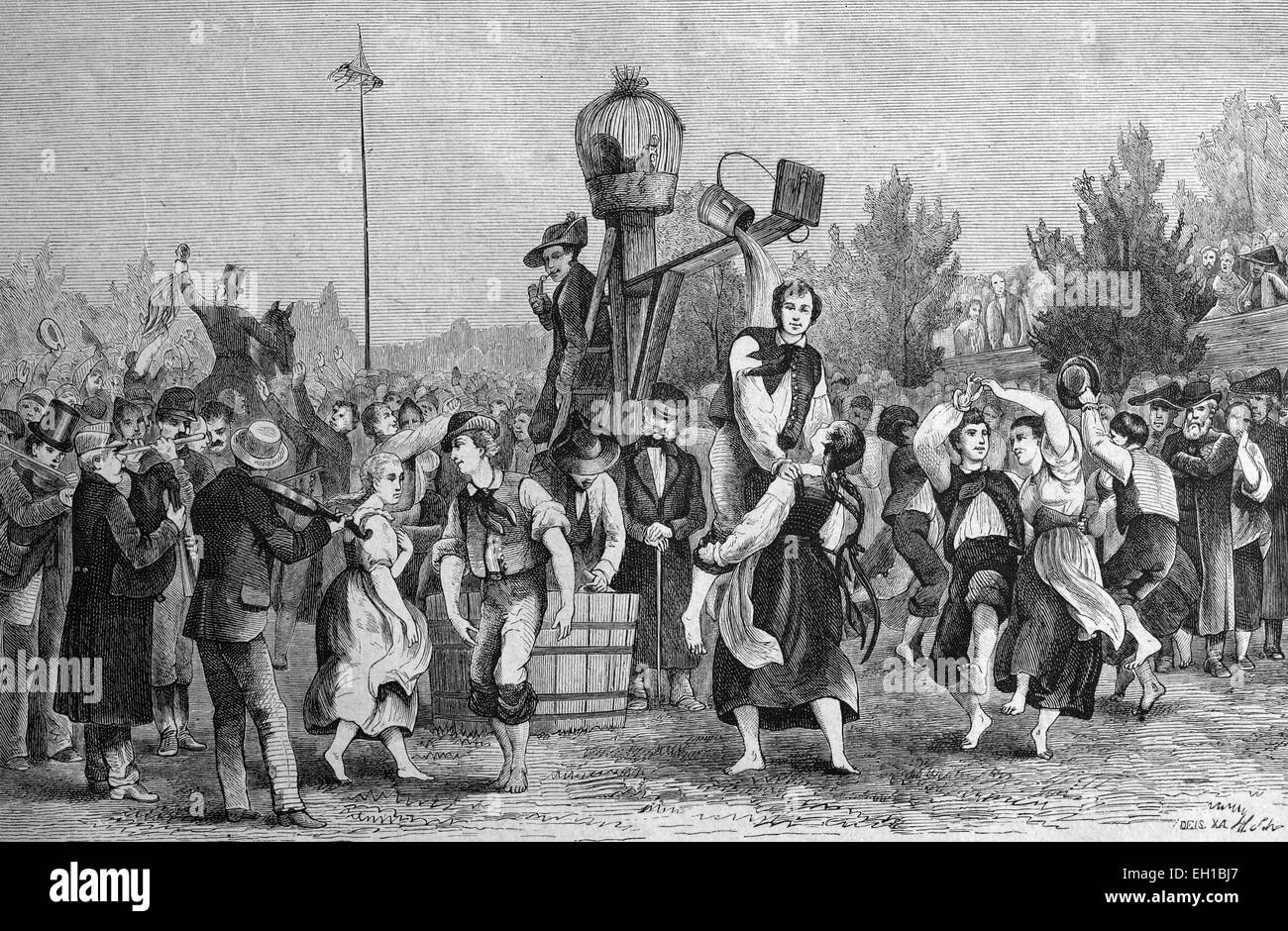 Hahnentanz danza in un villaggio Svevo, Germania, storico illustrazione, 1877 Foto Stock