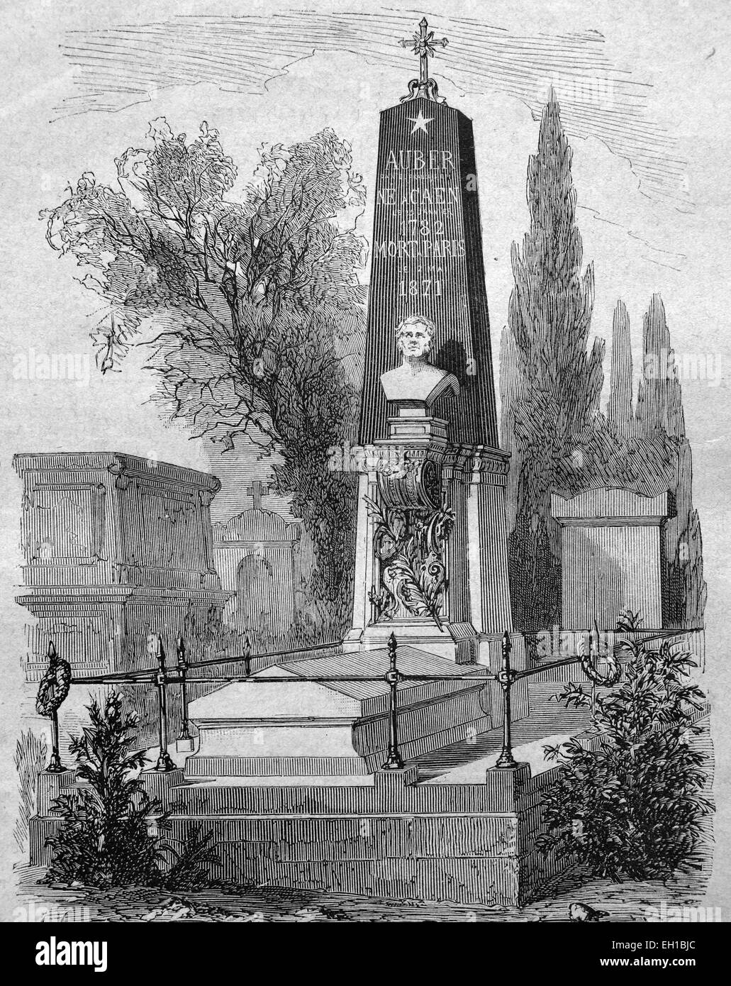Tomba di Daniel Francois Esprit Auber su un cimitero di Parigi, il compositore francese, storico illustrazione, 1877 Foto Stock