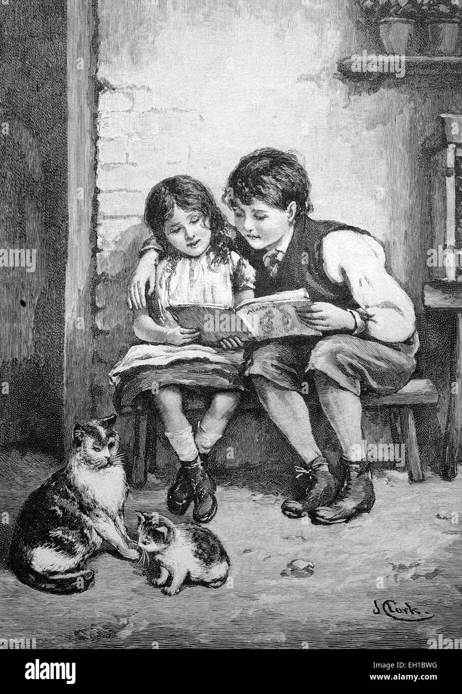 I bambini la lettura di un libro, foto storiche, circa 1893 Foto Stock