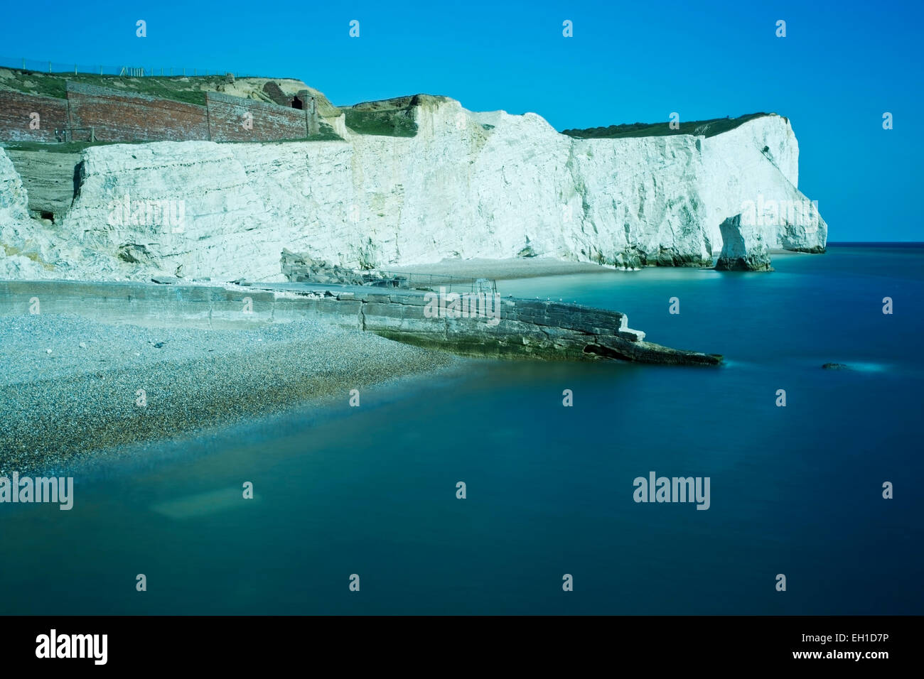 Vista del litorale e scogliere a Seaford, East Sussex, Inghilterra, mostrando chalk cliffs e sul Canale Inglese Foto Stock