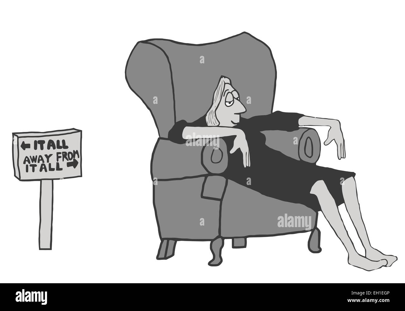 Cartoon di imprenditrice godendo di me il tempo: lei è infine 'lontano da tutto'. Illustrazione Vettoriale