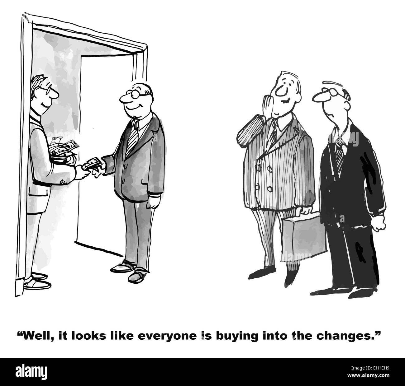 Cartoon di impresa dando denaro per i dipendenti ad accettare di effettuare modifiche. Il boss di Business dice: sembra che tutti è di acquistare ... Illustrazione Vettoriale