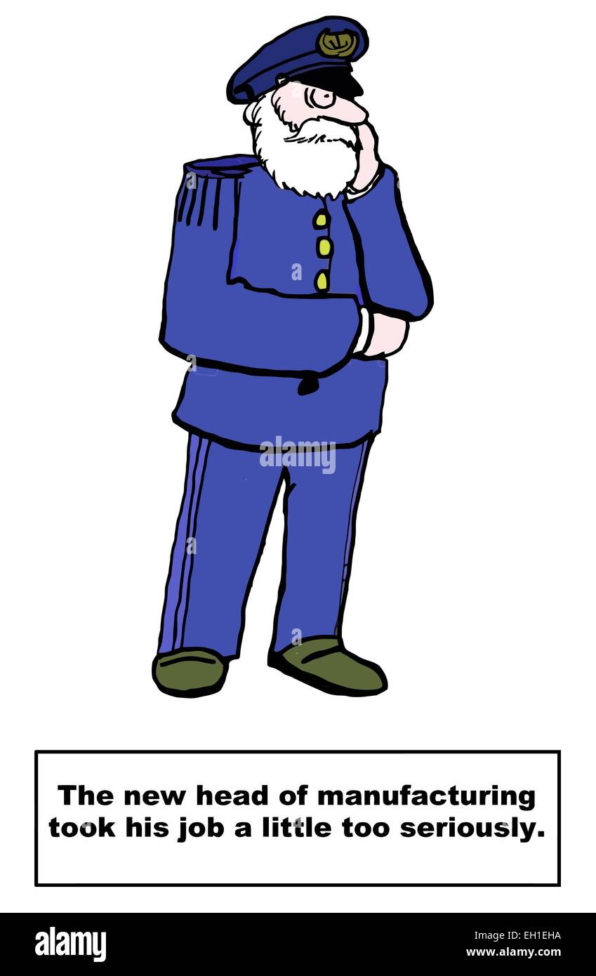 Cartoon di imprenditore vestito in abbigliamento militare: il nuovo capo della produzione ha preso il suo posto di lavoro un po' troppo sul serio. Illustrazione Vettoriale