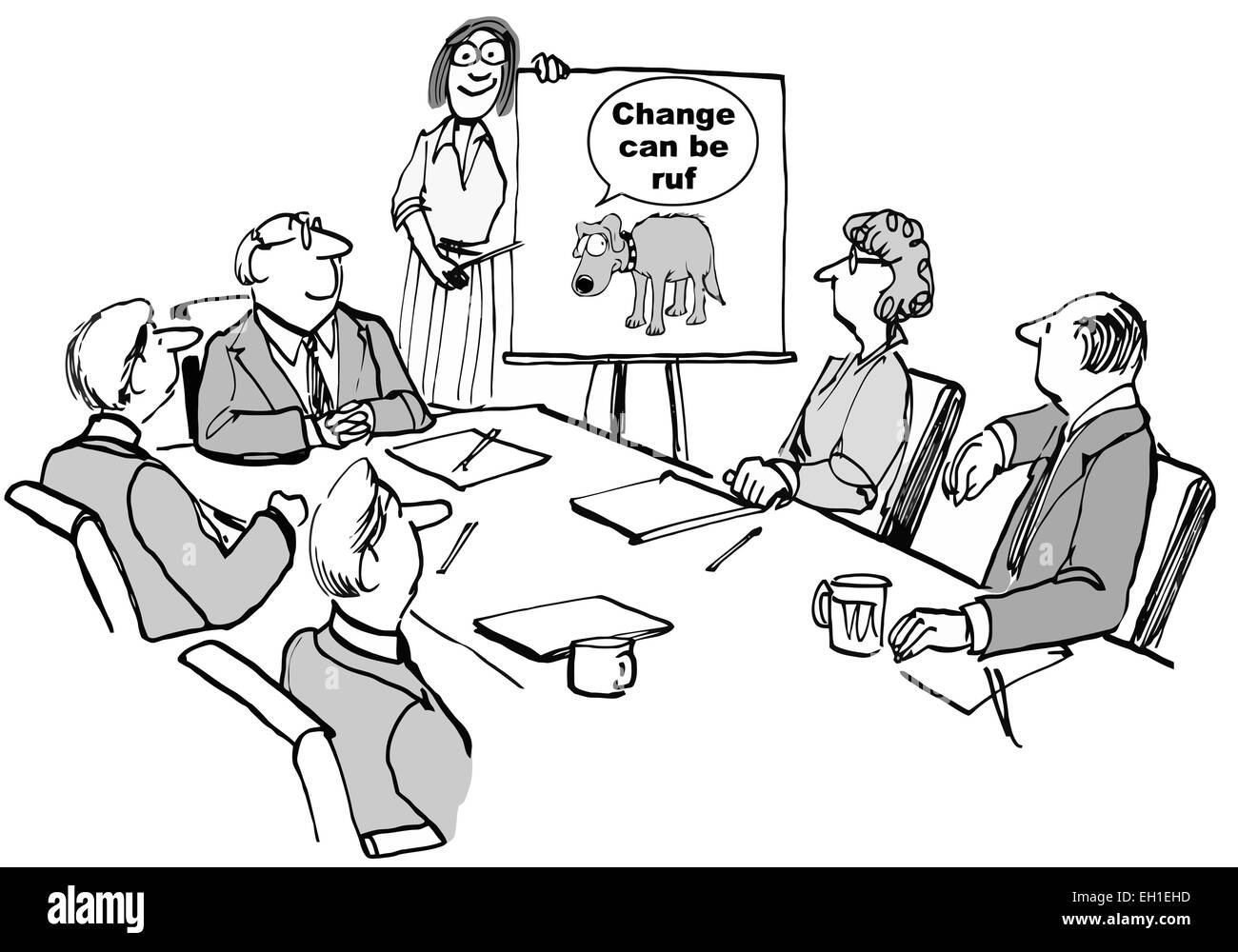 Cartoon di cambiamento seminario business meeting, imprenditrice punti al grafico: cambiamento può essere "RUF" Illustrazione Vettoriale