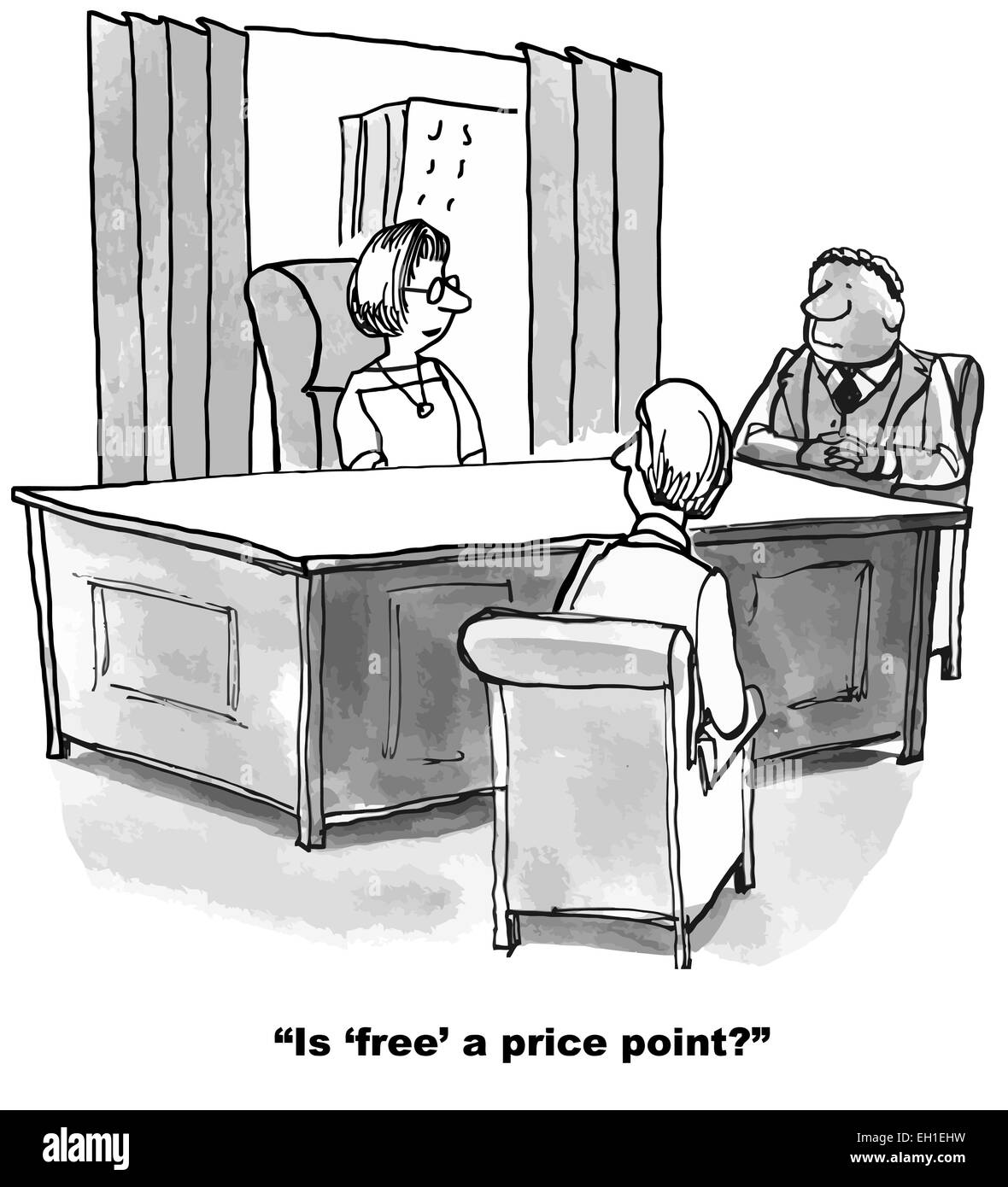 Cartoon di business meeting. Imprenditrice chiede se 'free' un punto prezzo? Illustrazione Vettoriale