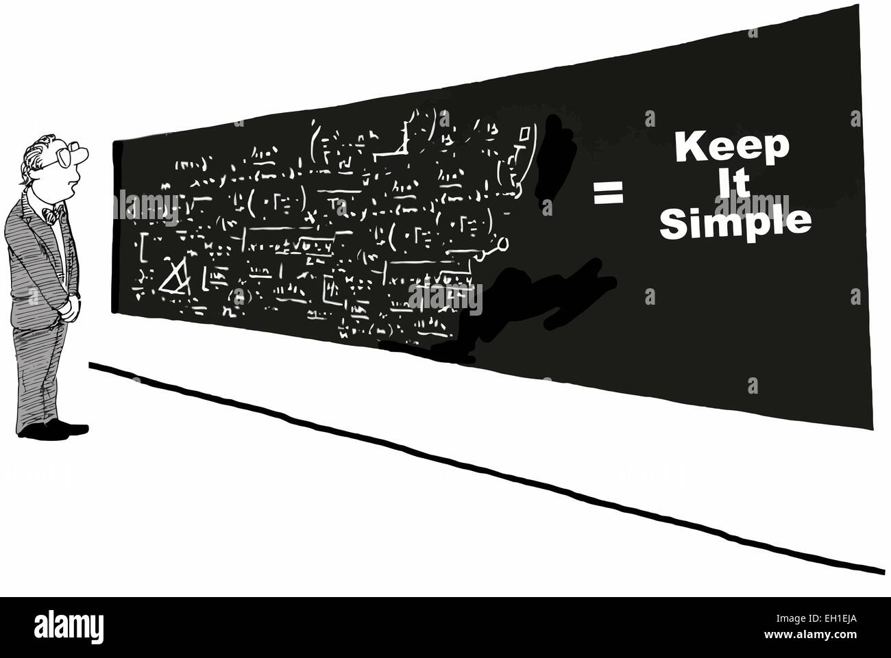 Cartoon di imprenditore guardando equazioni complesse dove la soluzione è: keep it simple. Illustrazione Vettoriale
