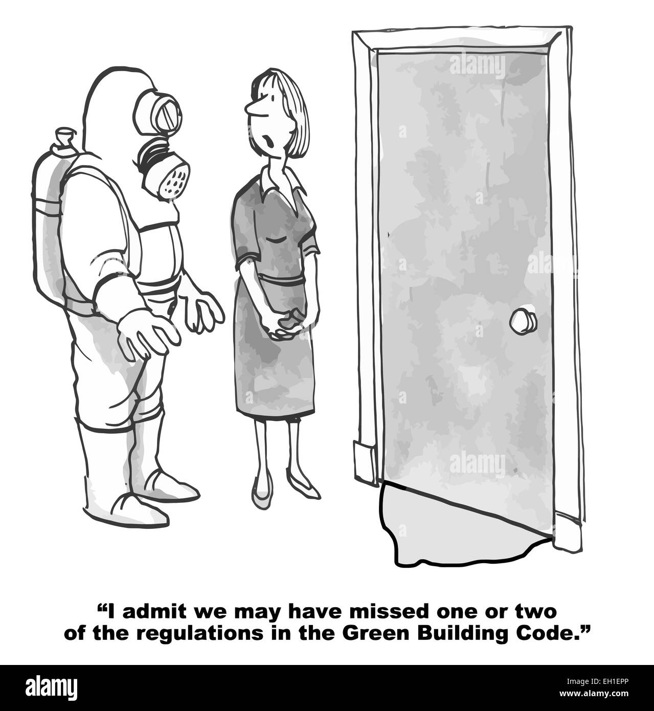 Cartoon di imprenditrice e uomo in HAZMAT suit con fanghi provenienti da sotto la porta, può avere perso regolamenti... costruzione codice Illustrazione Vettoriale