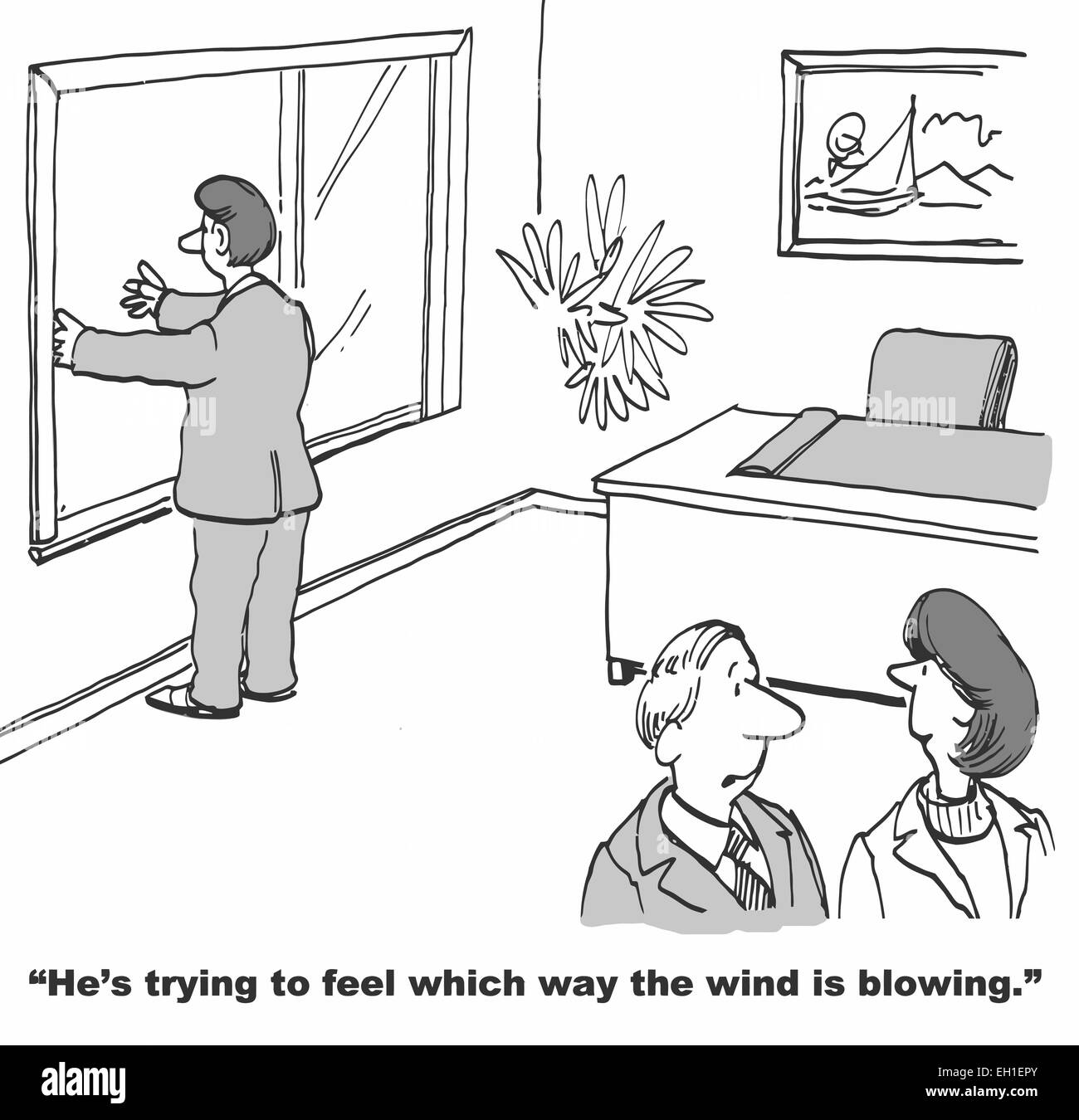 Cartoon di imprenditore con armi fuori finestra, collaboratore dice: egli sta cercando di sentire in che modo il vento. Illustrazione Vettoriale