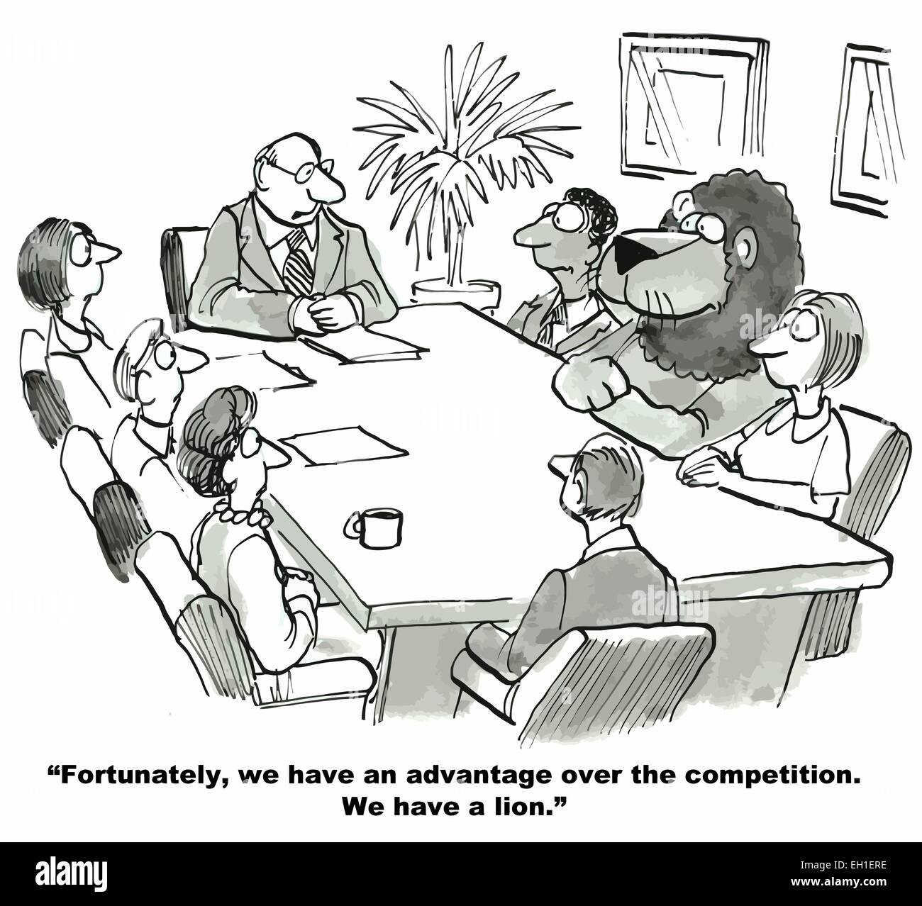 Cartoon di imprenditore dicendo al team: fortunatamente abbiamo un vantaggio sulla concorrenza. Abbiamo un Lion'. Illustrazione Vettoriale