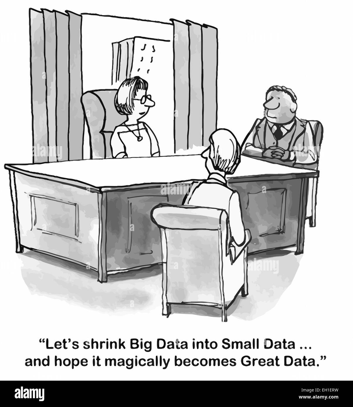 Cartoon di imprenditrice dicendo al team, cerchiamo di termoretrazione di dati di grandi dimensioni in piccoli dati... e spero che magicamente diventa grande dati. Illustrazione Vettoriale