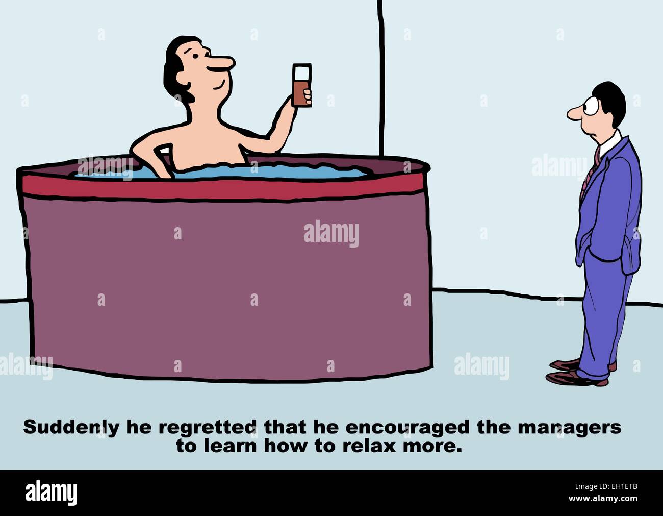 Cartoon di business manager nella vasca calda. Il boss di Business pensa: improvvisamente ha deplorato... stimolare... mangiatoie... più relax. Illustrazione Vettoriale