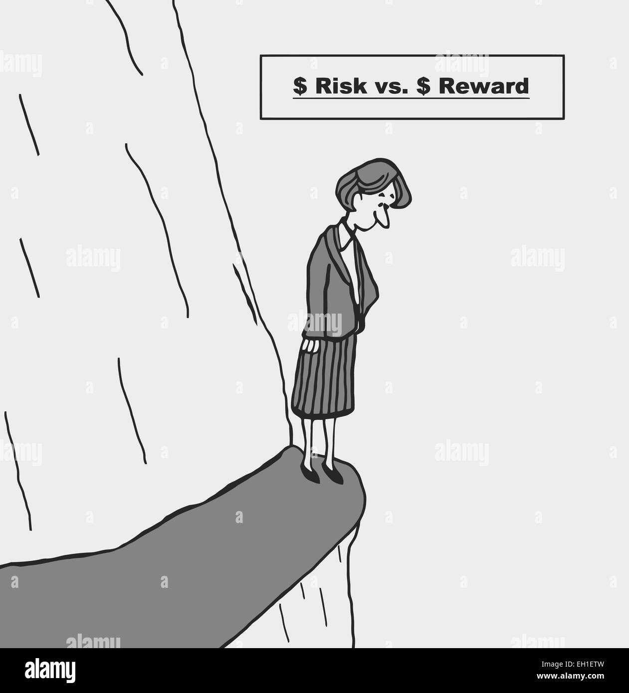Cartoon di imprenditrice leader permanente sulla scogliera e pensando a lei opzioni: $ rischio rispetto $ ricompensa. Illustrazione Vettoriale