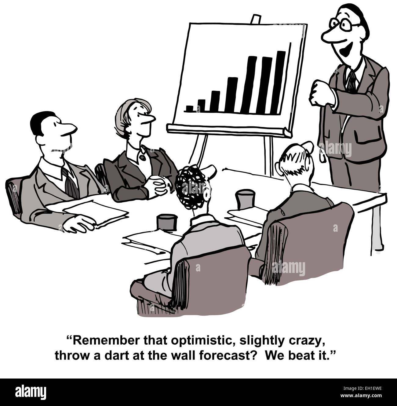 Cartoon di grafico con un aumento delle vendite e business leader, 'restati che ottimista, leggermente crazy... meteo? Abbiamo battuto'. Illustrazione Vettoriale