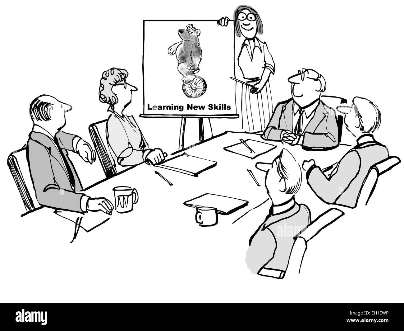 Cartoon del team aziendale guardando il grafico di recare a cavallo di un monociclo - Apprendimento di nuove competenze. Illustrazione Vettoriale