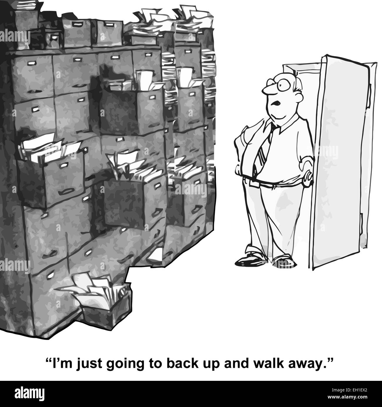 Cartoon di schedari traboccanti di scartoffie, imprenditore dice, mi limiterò a eseguire il backup e a piedi. Illustrazione Vettoriale